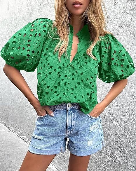 Green Eyelet Tops for Women Summer Tops Embroidered Button Down Shirt Hollow Out Half Puff Sleeve Blouse - Image 5