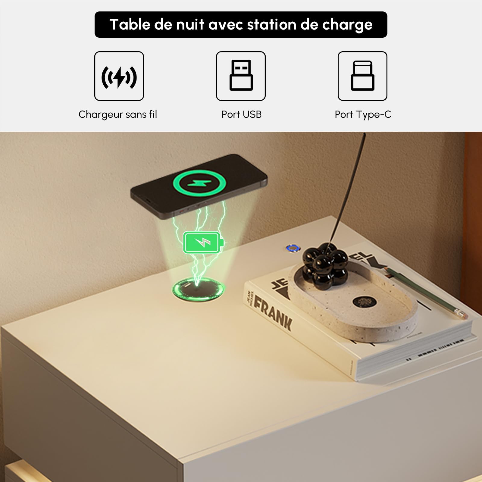 Homary Table de Chevet LED Lot de 2 avec Éclairage Réglable et Station de Recharge sans Fil, Bois MDF, Petit Meuble de Rangement pour Chambre Adulte (2, 2 Tiroirs: Blanc)