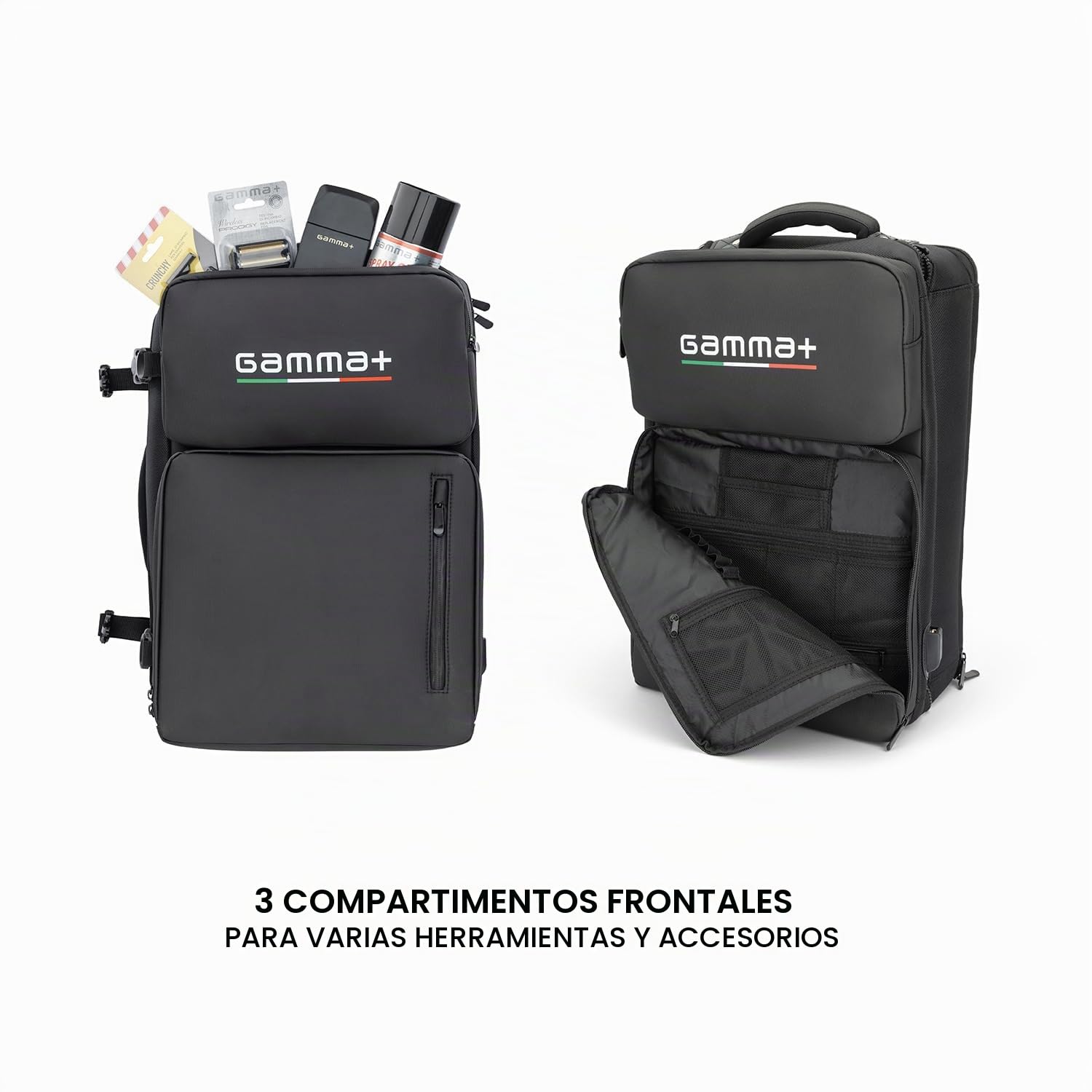 GAMMA+ Mochila de Peluquería, Mochila de Barbero Portátil con Puerto USB, Bolsa de Viaje para Peluquería para Cortapelos, Secador Tijeras, Bolso Peluquería Profesional, Impermeable, Negro