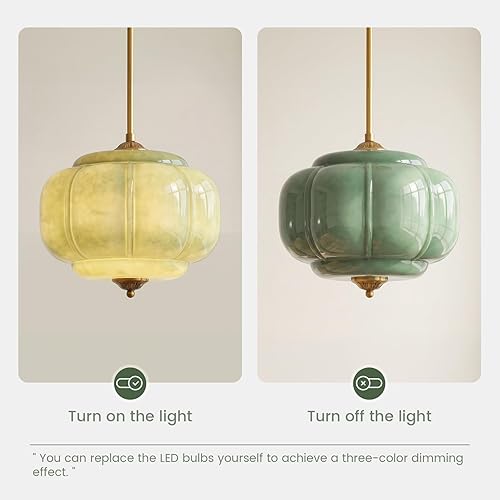 Miniatura 5 de Lámpara de techo de cristal lechoso - Lámpara colgante semiempotrada de latón antiguo para cocina, pasillo y dormitorio (Verde 15 pulgadas)