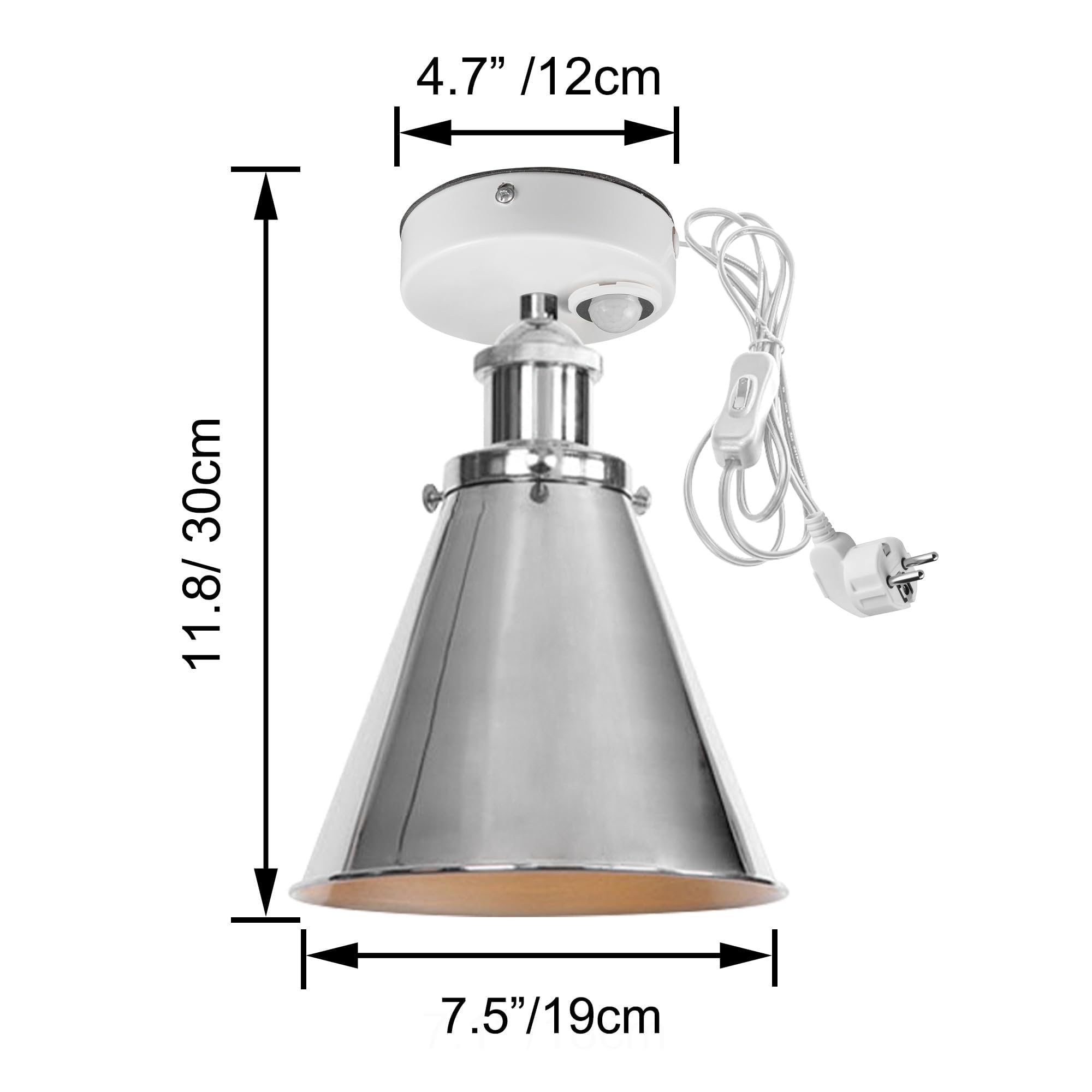 Lampada da soffitto con sensore di movimento interno, in ferro industriale, con sensore di movimento radar con cavo da 4,5 m e portalampada E27, per corridoio, bagno, scale, garage, argento