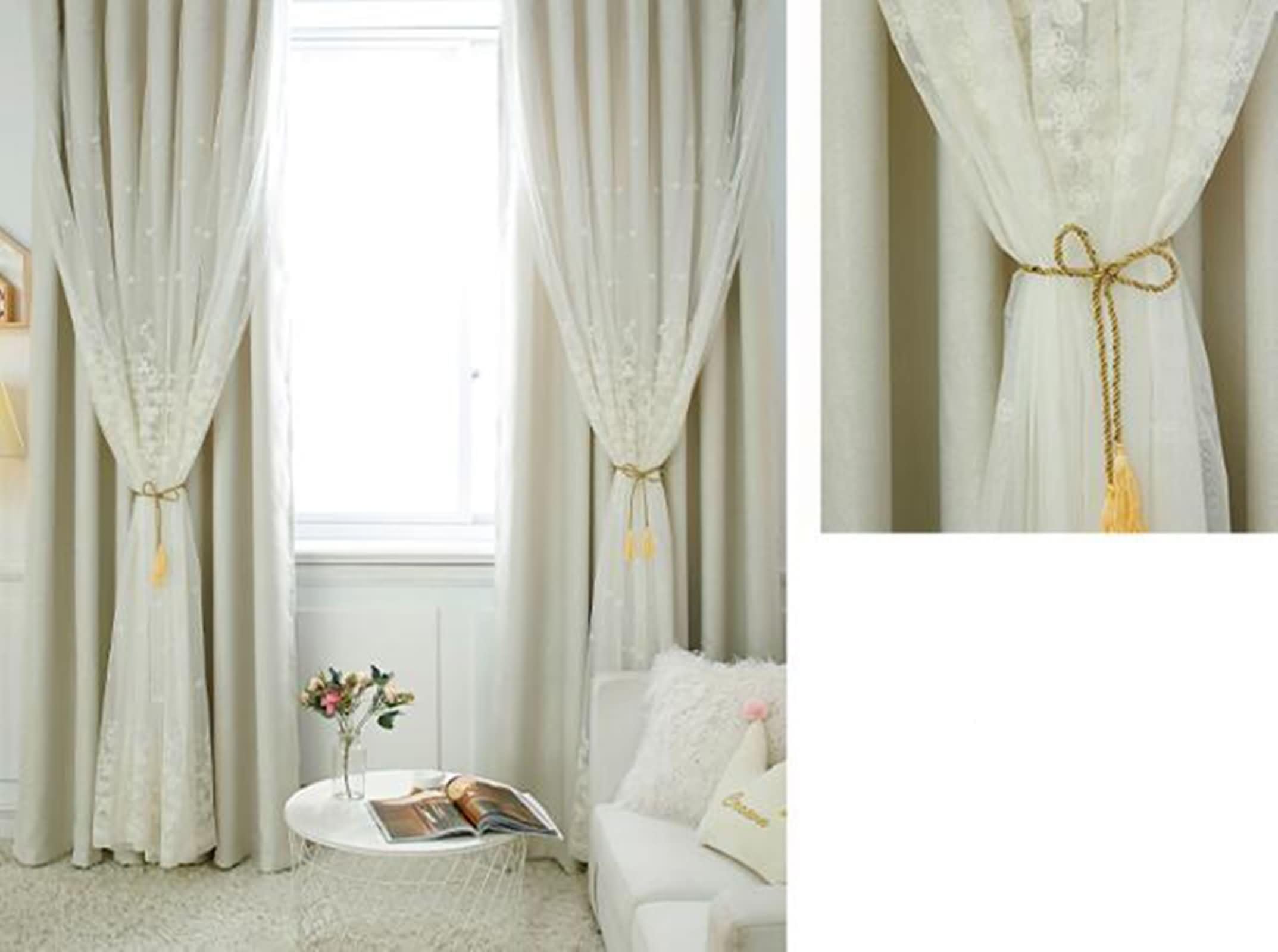 Daesar Tenda Coprente Oscurante 244 cm Altezza, 2 Pannelli Tende Cameretta Cotone Lino con Ganci Doppio Strato Tinta Unita con Fiori Ricamate Filato Tenda Stanza da Letto 107x244 cm, Beige