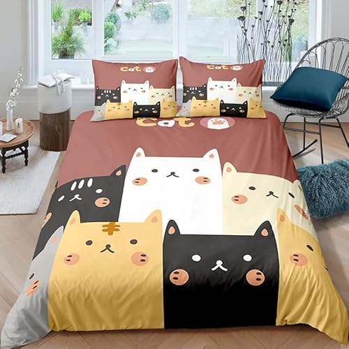 布団カバー シングル 猫 和風寝具セット 四季適用通気性が強い防ダニ ポリエステル抗菌防臭 布団カバー(150x210cm)+ 2枕カバー(43x63cm)