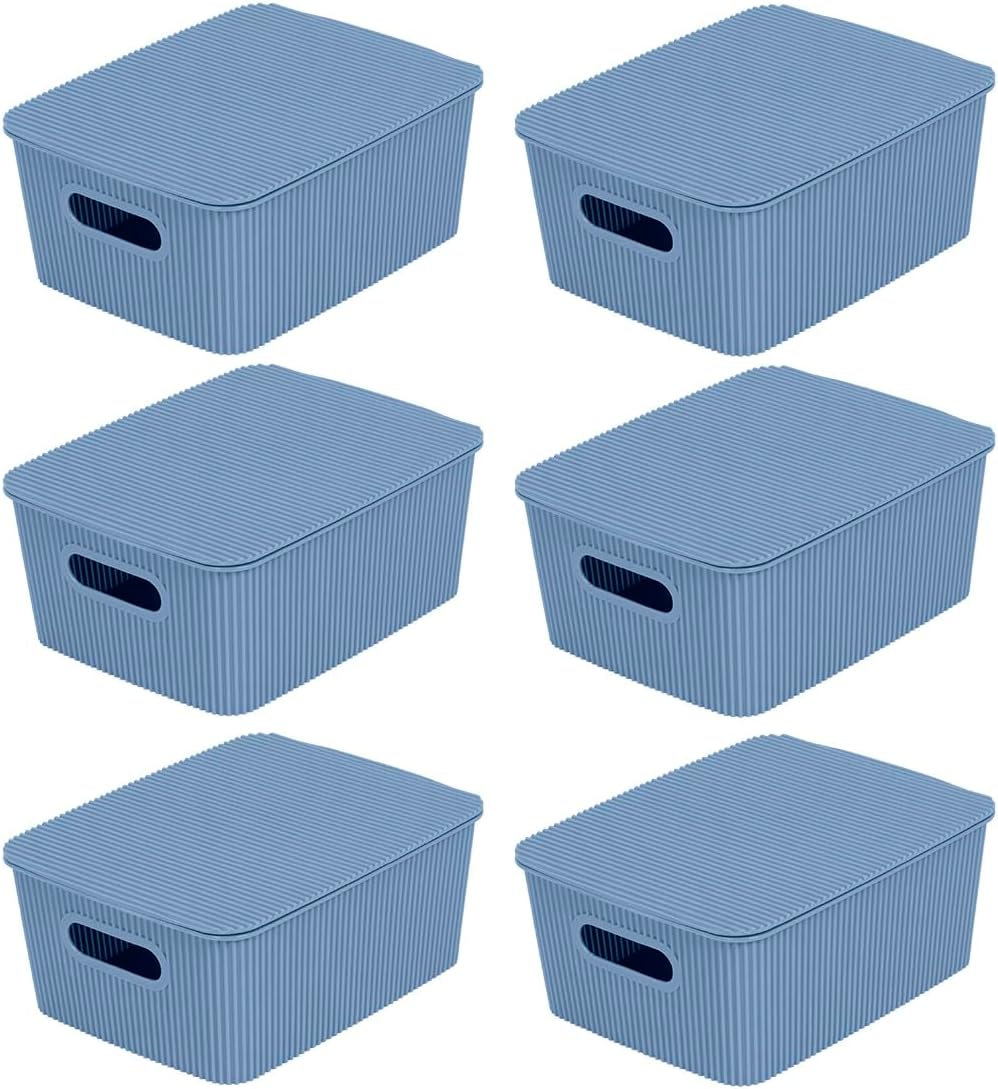 Glad Storage Baskets with Lids - Set of 6 Stackable Plastic Boxes with Handles - Decorative Shelf Organizer Bins for Bathroom and Closet, Blue, 1 Gallon