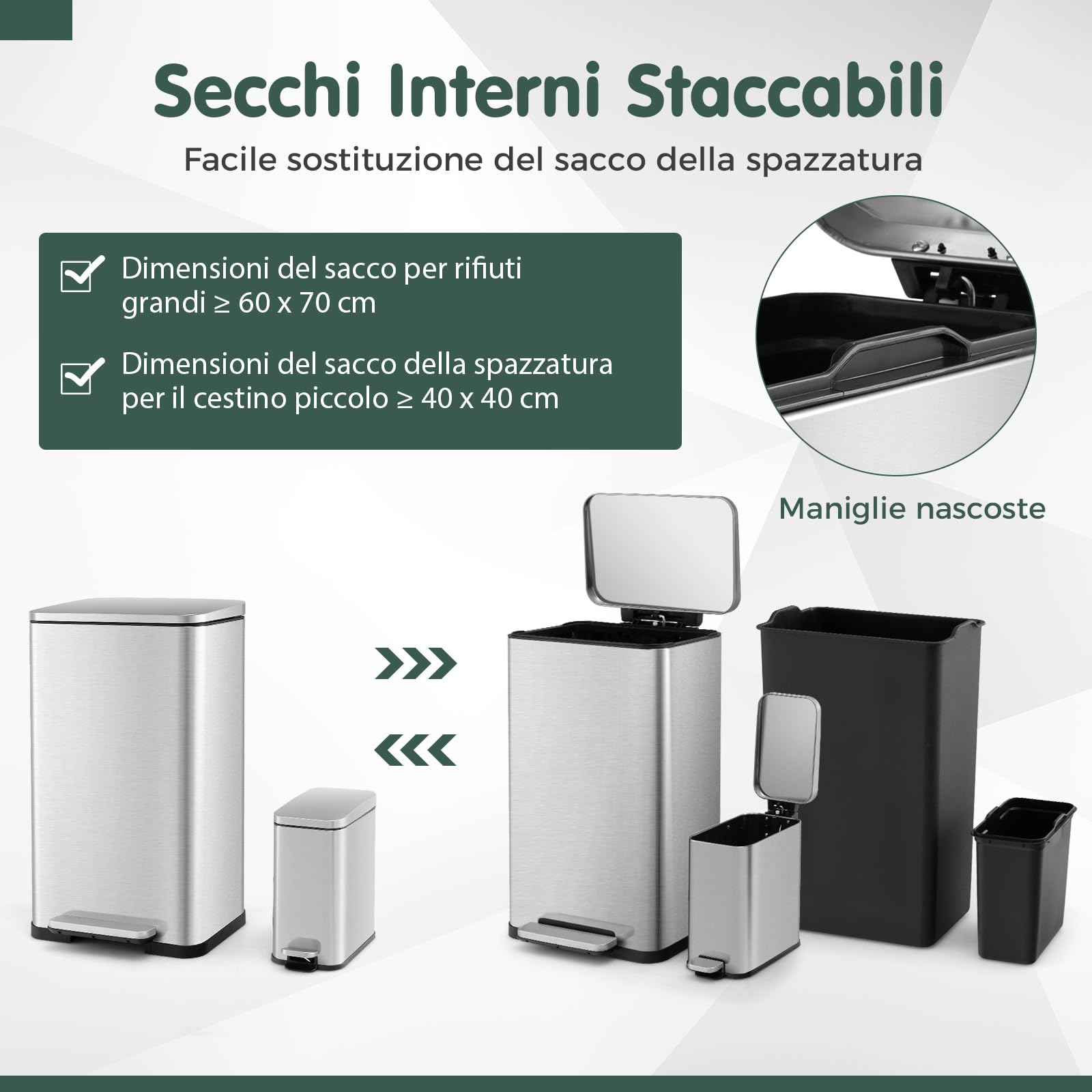 RELAX4LIFE Pattumiera Differenziata 2 Cestini 40L + 6L, Cestino Spazzatura in Acciaio Inox con Secchi Interni Rimovibili, Pedale a Mani Libere, Coperchio a Chiusura Morbida che Rimane Aperto