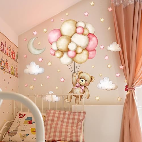 Miniatura 4 de Calcomanías de pared de animales de dibujos animados de oso, calcomanías de pared de animales globo de aire, estrellas, luna, nube, calcomanías de