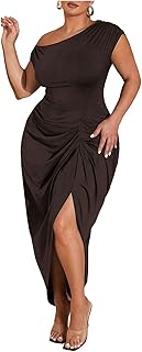 Women's Plus Size Asymmetrical Neck Long Dress Ruched Slit Hem Cocktail ...