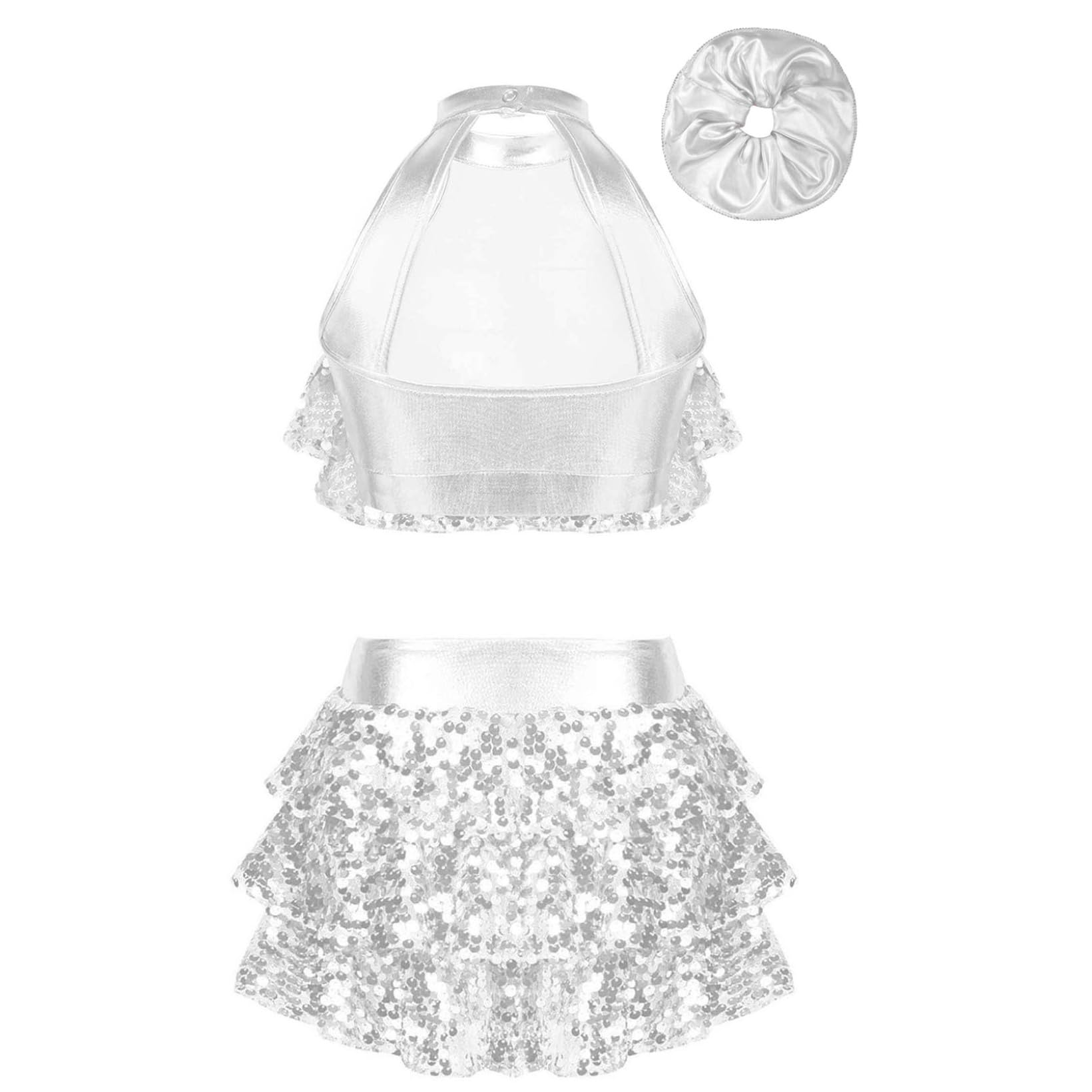 JanJean Kids Girls Sparkle Metallic Crop Top with Skirted Hair Band for Hip Hop Jazz Street Dance Competition Silver 7-8 Years