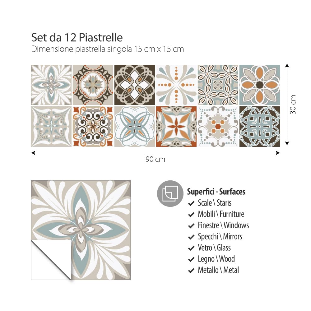 RE-COVERTILES - Adesivi per Piastrelle Bagno e Cucina 12 Pz 15x15 cm - PS00009 Decorazione murale in PVC impermeabile mattonelle mosaico stile cementine Azulejos