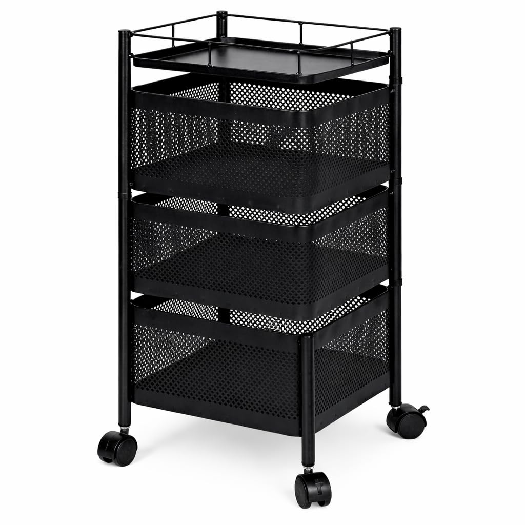 Carro auxiliar metálico con ruedas y cestas plegables ahorra espacio | Carrito cocina verdulero frutero | Estantería organizador de metal gran capacidad y bandeja superior | Estante cocina