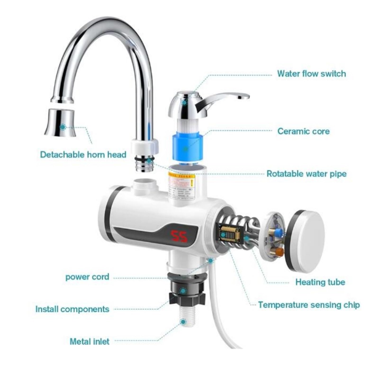 Grifo de agua caliente instantánea, Calentador De Agua Eléctrico, Grifo Instantáneo Sin Tanque, Aparatos Calefacción Cocina,para fregadero de cocina y baño(Under Inflow)
