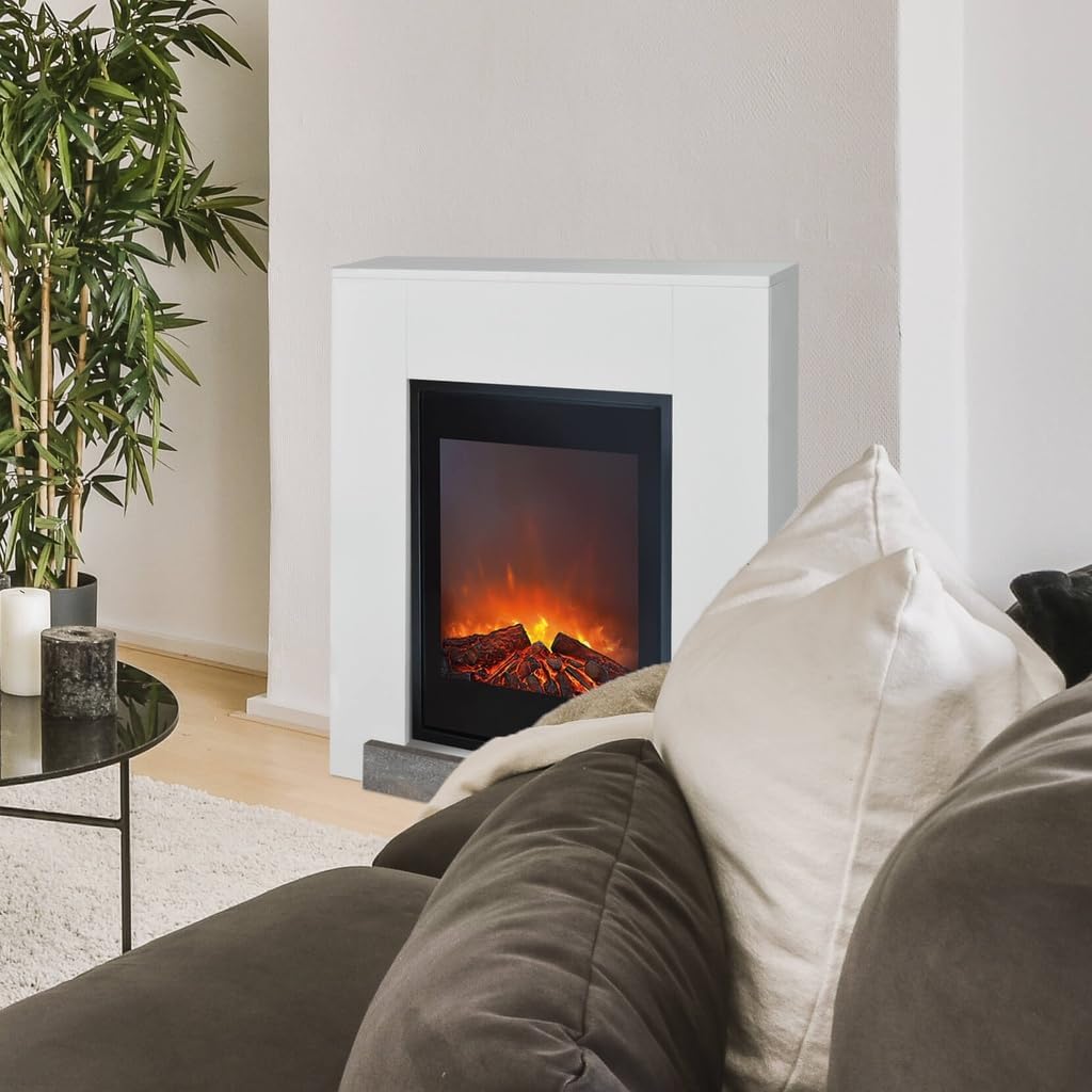 Xaralyn Hamar Electric Fireplace positioned in a living room with a plant and sofa.