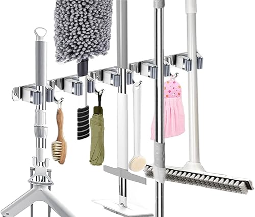 Soporte de pared para trapeador y escoba, organizador de escobas para cuarto de servicio, colgador de trapeador de metal 304 de acero inoxidable