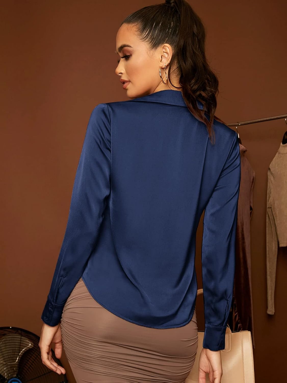 Floerns Women's Satin Long Sleeve Button Up Blouse Work Office Silky Shirts Tops - Image 2