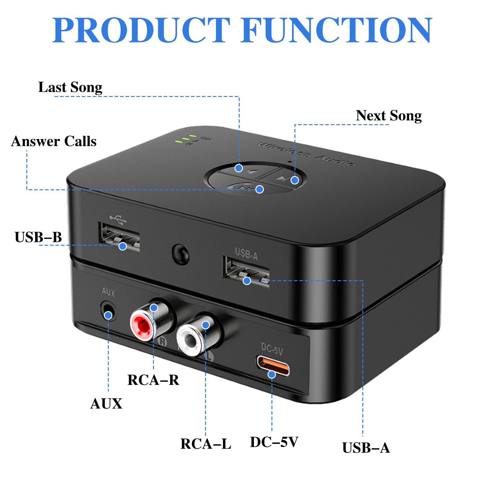 Adattatore Bluetooth 6.0 stereo, doppia connessione 3,5 mm AUX & RCA output, ricevitore Bluetooth per altoparlanti, amplificatore e autoradio, ricevitore audio HiFi Bluetooth con telecomando e 3D