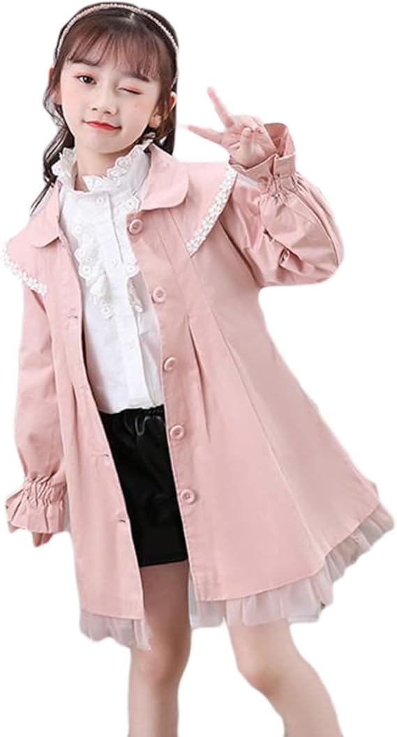 Amazon Co Jp スプリングコート フリル袖口 カーディガン コート ピンク カーキ スプリングコート 無地 前開き 子供コート Aライン 普段着 通学 ゆったり お出かけ Aライン カーディガン コート チュール裾 レースラペル 女の子服 ファッション
