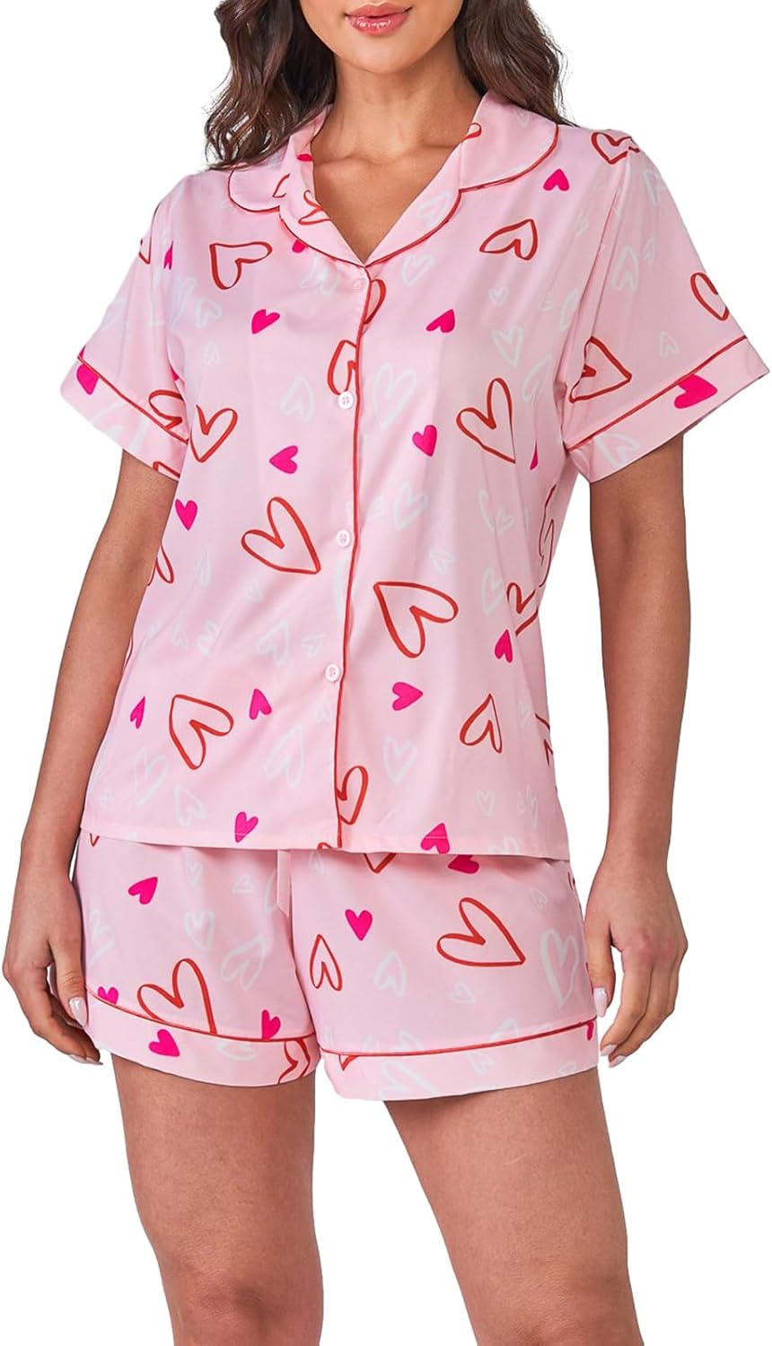 Womens Valentin's Day Pajamas Shorts Set Two-piece Pj Sets Heart Print Sleepwear Loungewear Button-Down 2 Piece Pjs Set