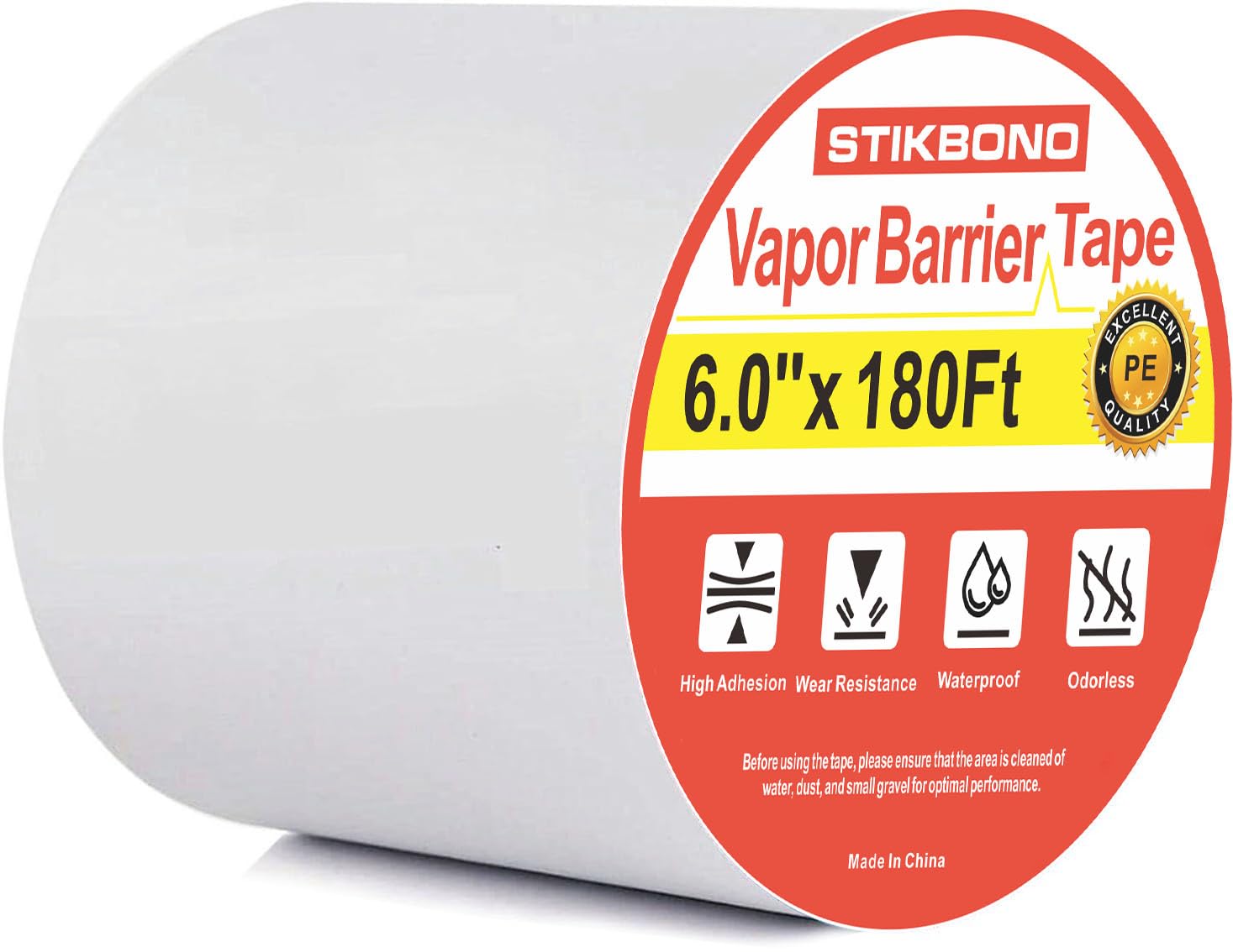Vapor Barrier Tape 6 Inch x 180' x 4mil 1-Pack Moisture Barriers Seal Seam Tape, White Polyethylene Tape for Crawl Space,Waterproof, Underlayment,Metal and Plastic Sheeting