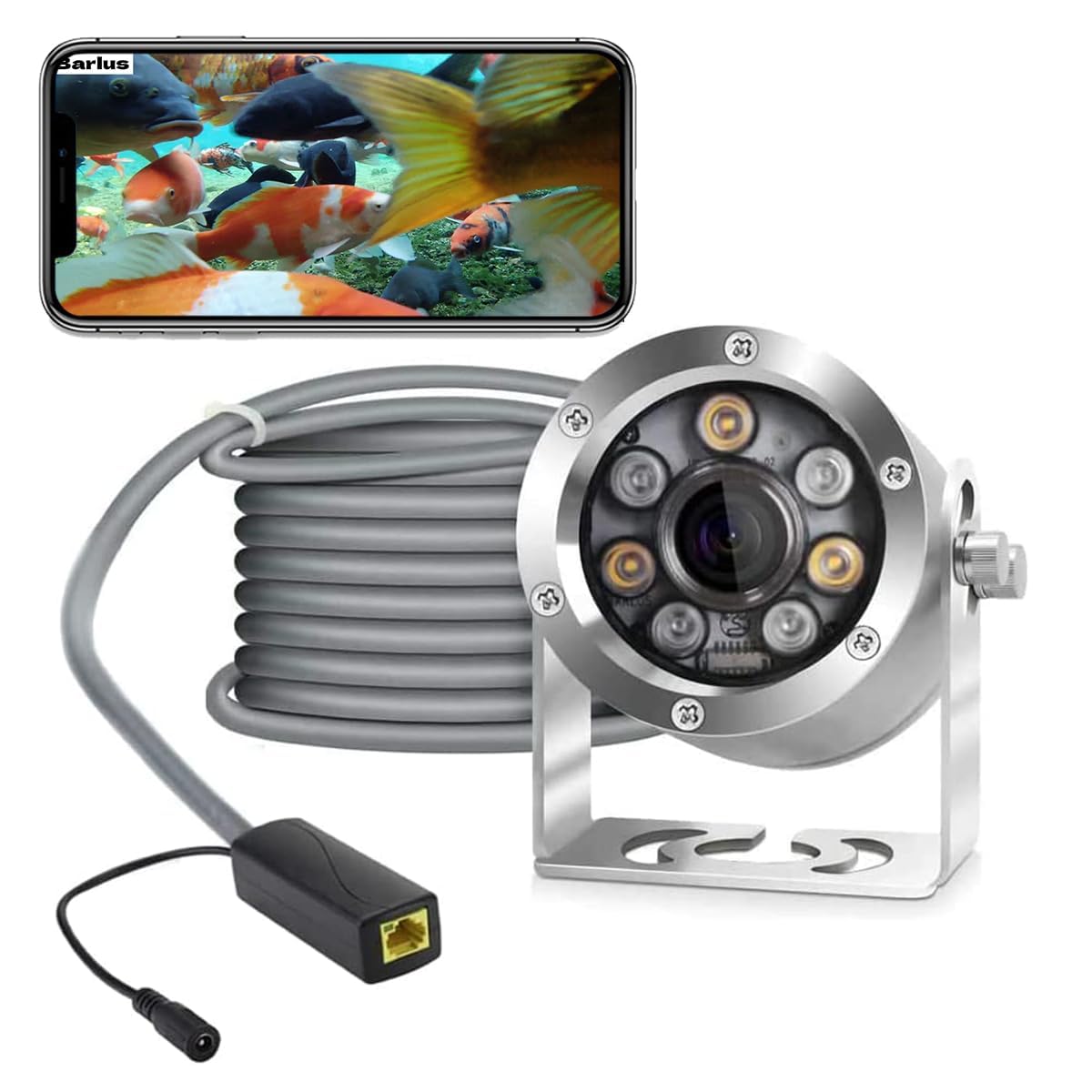 Barlus Caméra sous-marine POE 5 MP CMOS Objectif grand angle 100° Mer en acier inoxydable avec lumière de remplissage IP68 Caméra étanche pour étang à carpes koï 24/7 avec câble de 9,8 m