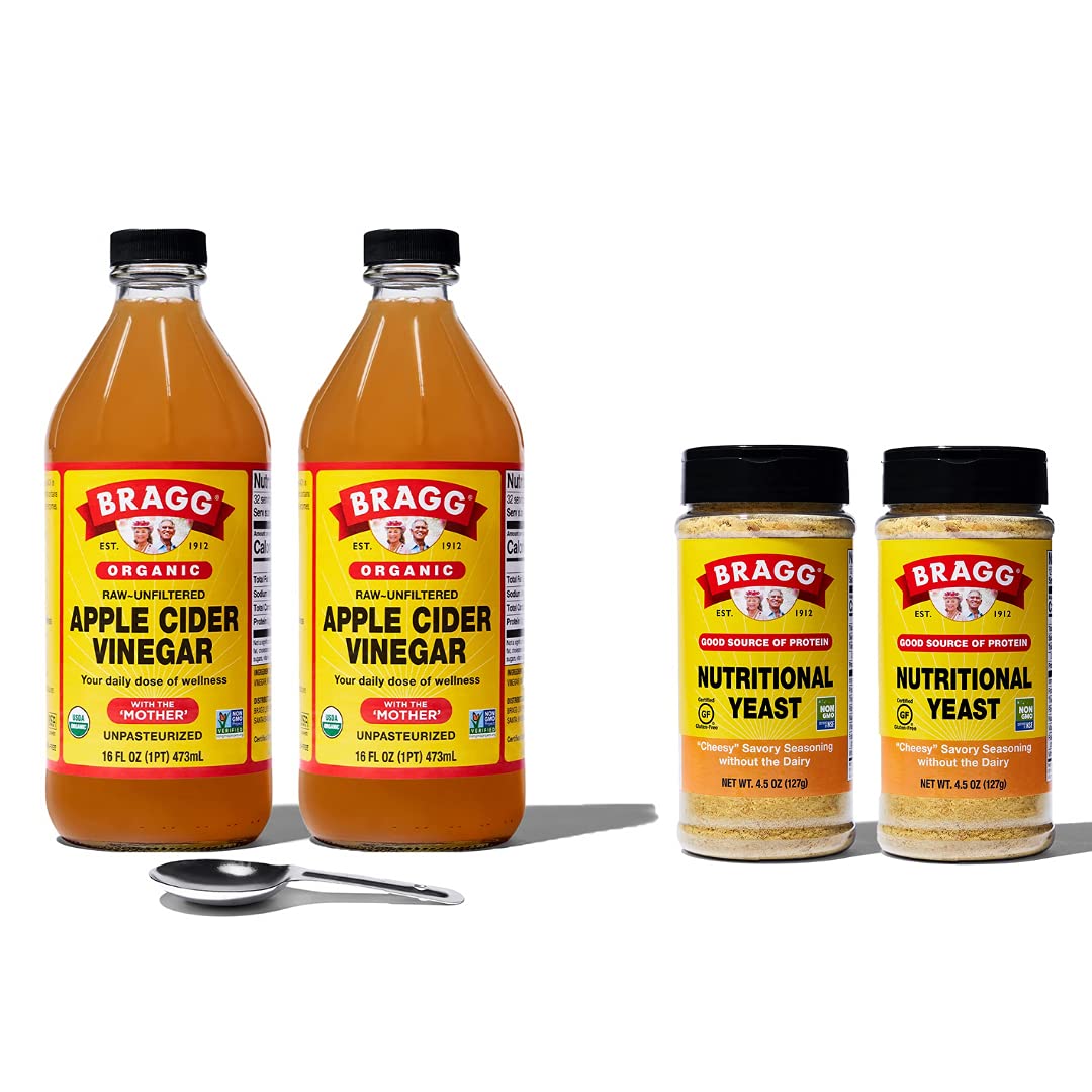 Bragg Organic Apple Cider Vinegar 16 Ounce, 2 Pack with Measuring Spoon and Nutritional Yeast Season