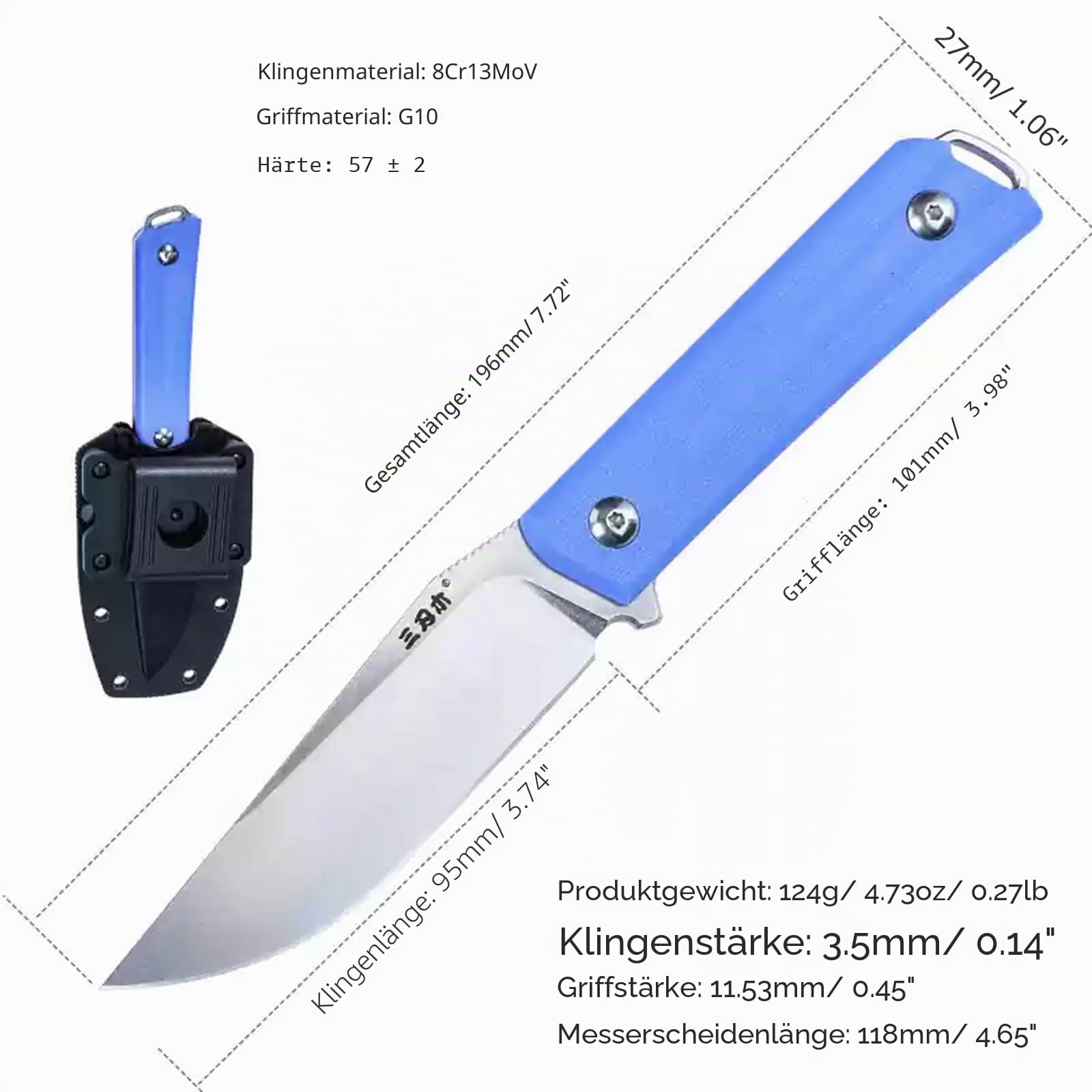 Sanrenmu Fixed Blade Messer mit Scheide 8Cr13Mov 3.74" Blade Compact G10 Griff Messer für Outdoor Camping S611 (Blau)