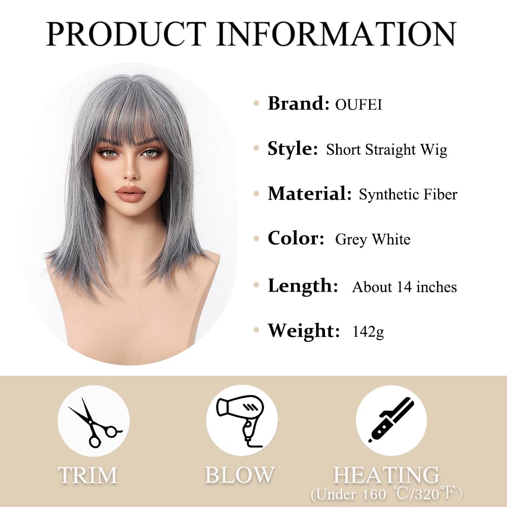 OUFEI Gray White Bob Wigs for Women with Bangs Short Natural Straight Synthetic Hair Heat Resistant Wigs for Daily Party Cosplay Wear - Image 2