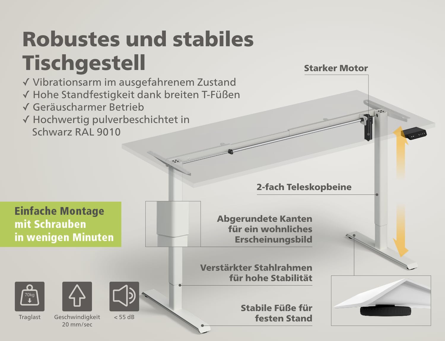 KRIEG HighDesk SMART Home Elektrisch Höhenverstellbarer Schreibtisch 160 x 70 cm I Weiß + Eiche – Ergonomischer Steh-Sitz-Tisch mit Memory-Funktion & USB-A/C Charging – Leiser Motor, Kollisionsschutz