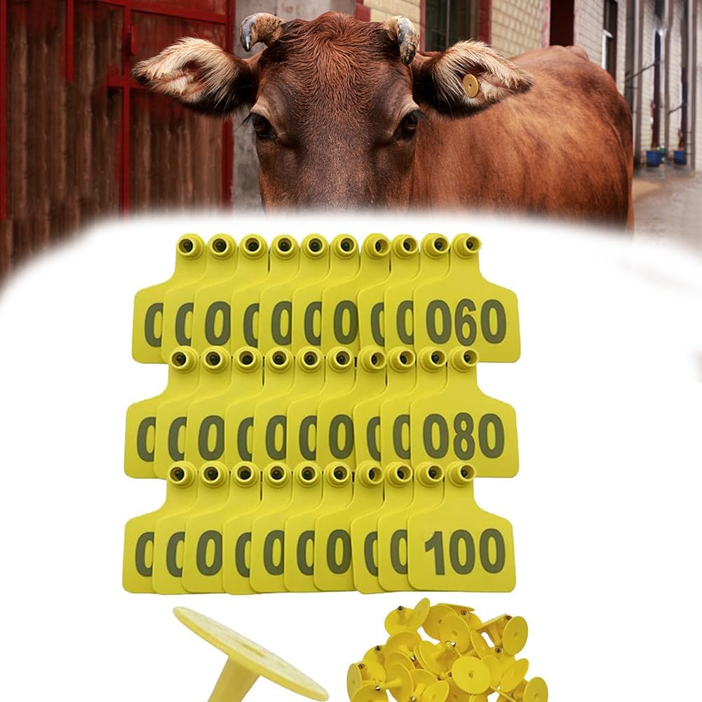 100 sztuk plastikowych kolczyków do uszu zwierząt gospodarskich identyfikator zwierząt wielokolorowe różne rozmiary żółte 6 x 7,5 cm (2,36 x 2,95 cala), 301-400)