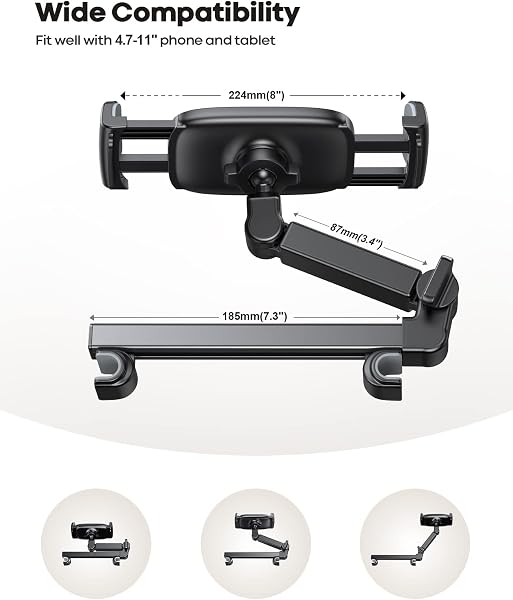 Lamicall Car Headrest Tablet Mount - [Aluminium Arm] 2025 Adjustable Car Tablet Holder, 360° Rotating Backseat Mount for Kids, for 2024 iPad Pro 13, Air 6, Mini, Tab, Phones, 4.7-13” Device - Black - 5