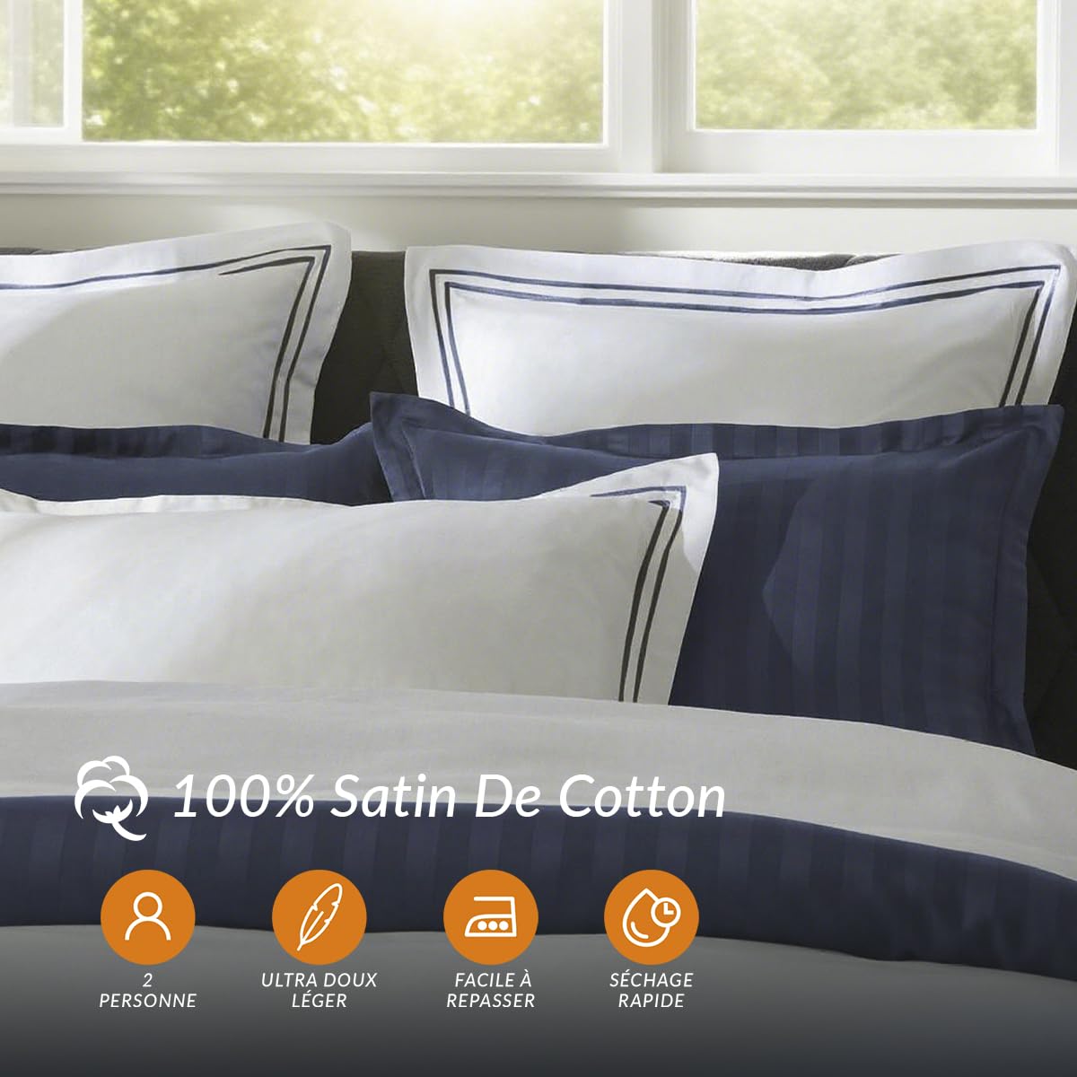 Parure de lit 3 pièces - Housse de Couette 260x240 + 2 taies 63x63 - Satin de Coton TC200 - Fermeture éclair - Oeko-TEX® - Silhouette - Bleu foncé/Blanc