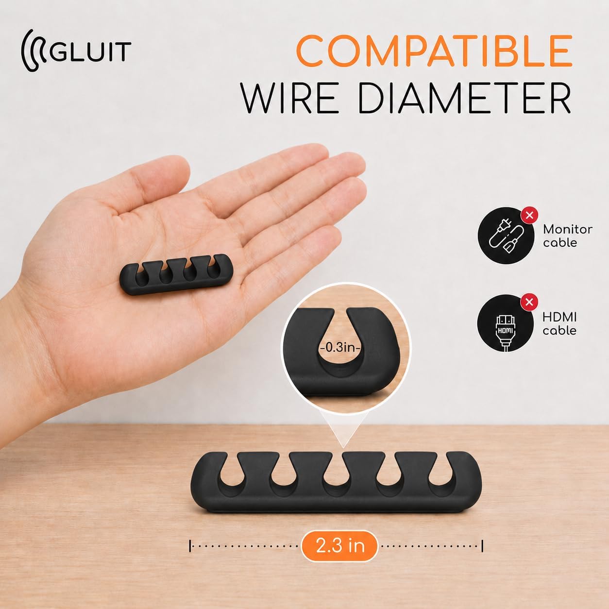 GLUIT Cord Organizer for Desk, Cable Holder for Nightstand, Charger Organizer, Adhesive Desktop Wire Clips, Multislot Cable Management, Table Organizer Accessories - 5 Pack, 15 Slots, Black