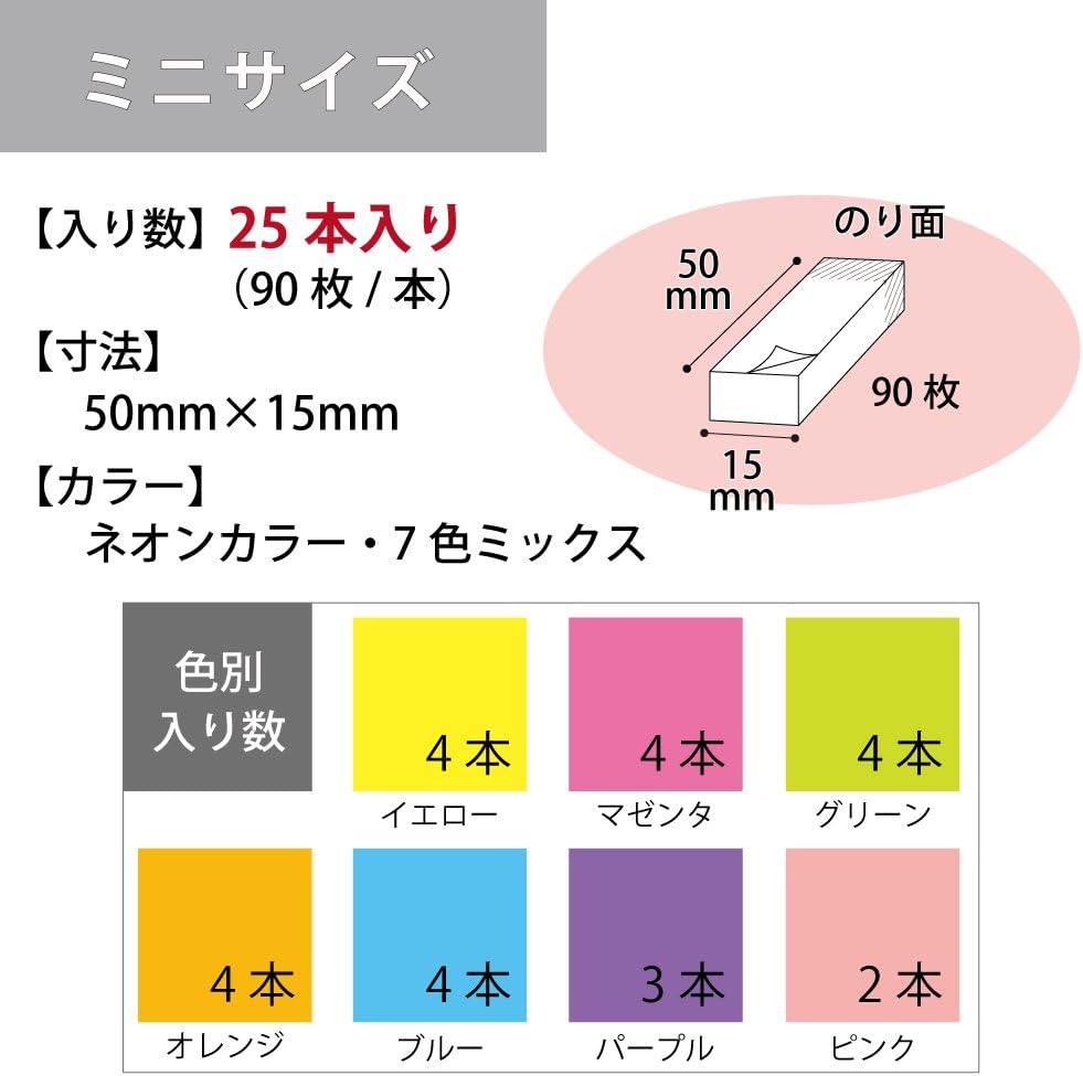 Kokuyo KN5015X25 Sticky Notes, Strong Adhesive, K2, 2.0 x 0.6 inches (50 x 15 mm), Neon Color, 90 Sheets x 25 Pieces, 7 Colors, K2 Me