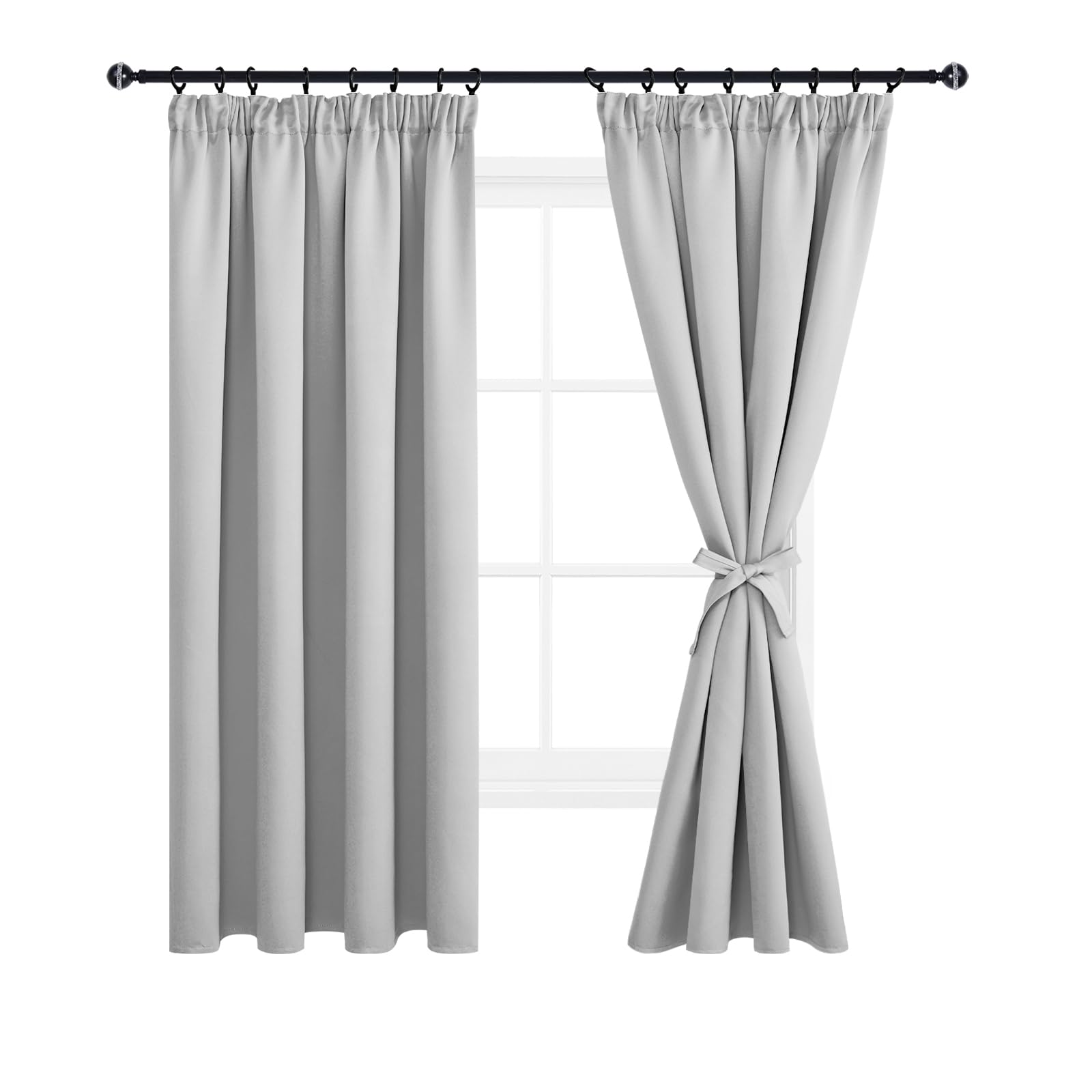 DWCN Vorhänge Blickdicht Gardine Verdunkelungsvorhang mit kräuselband 2 Set H183 x B117 cm, Schlafzimmer Gardinen für Schienensystem mit Vorhang-Krawatten, Wärmeisolierend Thermovorhang, Silber Grau
