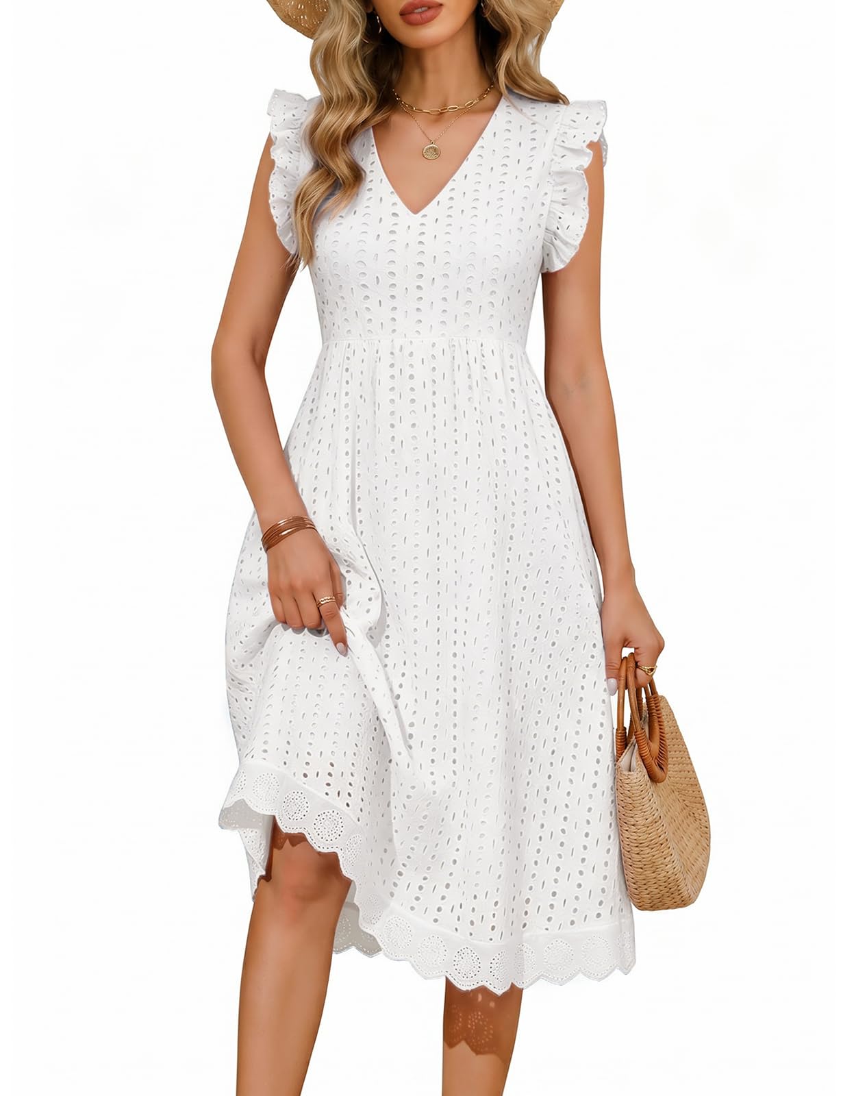 PASUDA Vestito Donna Estivo Abito Lungo Scollo a V Casual Vestiti Senza Maniche a Volant Abiti Lunghi Cotton Comodo Floreale Vuoto Jacquard Vestiti da Spiaggia con Tasche