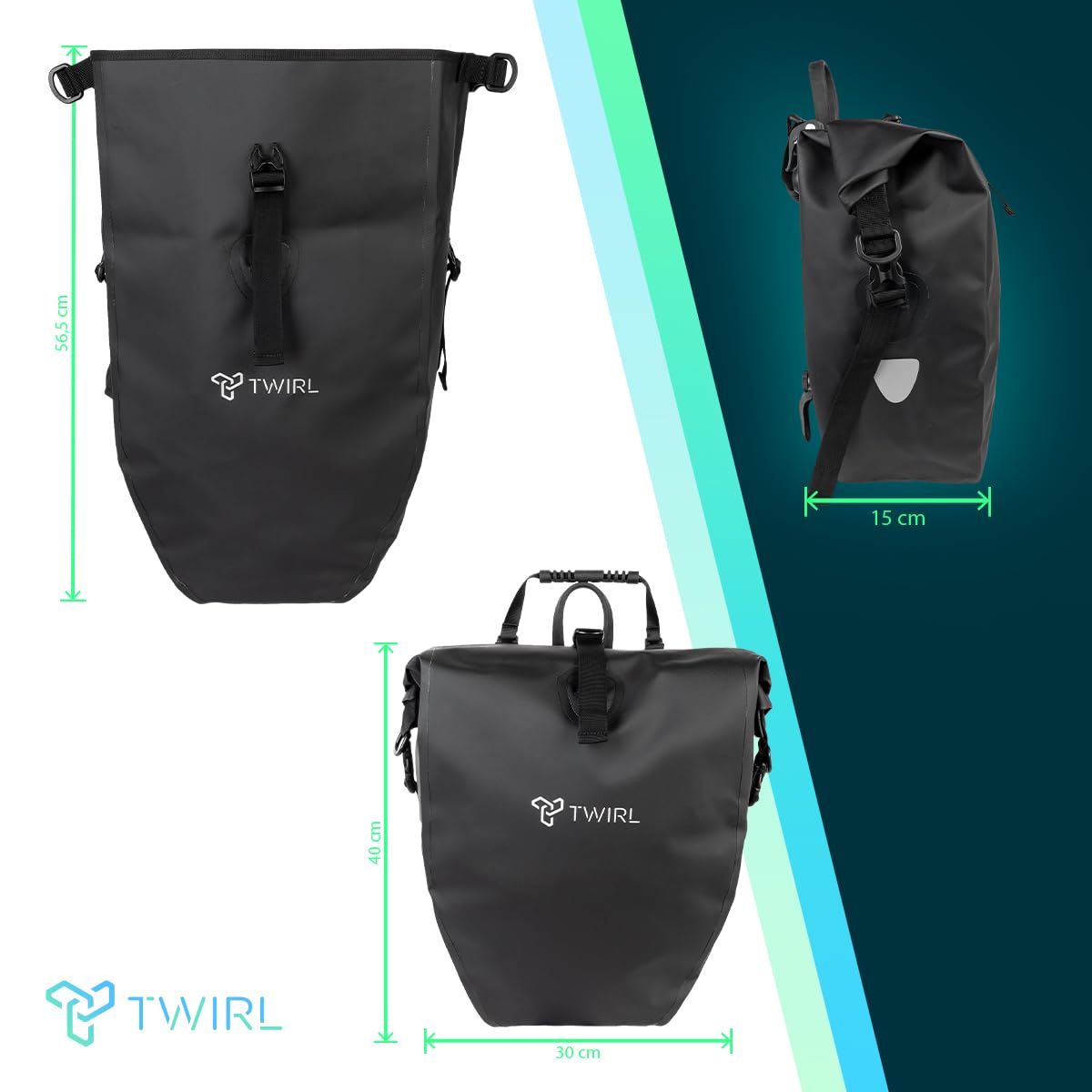 TWIRL Torba rowerowa na bagażnik SINGLE, 22 litry, z uchwytem, ​​paskiem na ramię i małą wyjmowaną kieszenią wewnętrzną, torba na bagażnik, tylna torba rowerowa, czarna