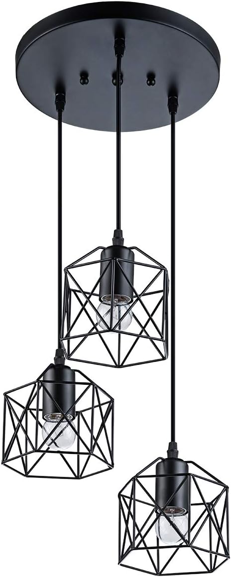 VILUXY Industrial 3-Light Pendant Lighting, with Black Metal Cage Shade, Adjustable Pendant Light for Kitchen Living Room Bedroom Hallway or Bar