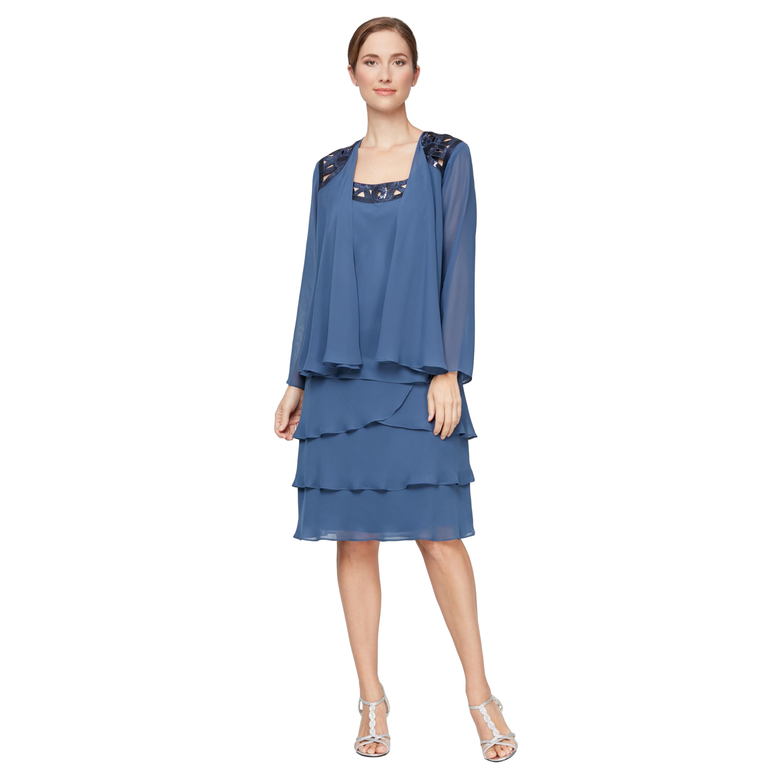S.L. Fashions Women's Embellished Tiered Sequin Jacket Dress (Petite and Regular) Special Occasion, Wedgewood, 18