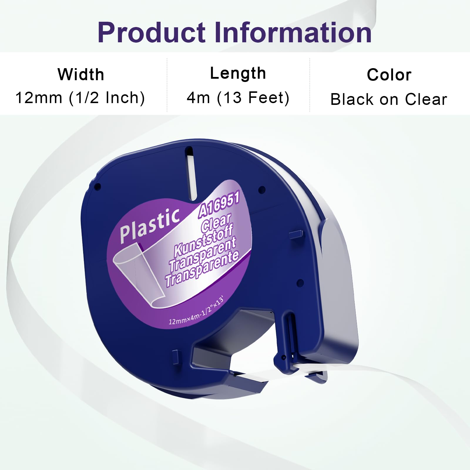 Aken 12267 Ruban Compatible avec Dymo Ruban Transparent 12mm x 4m, Recharge Etiquette Clear Plastic S0721530 Compatible avec Dymo Letratag LT-100H XR LT-100T LT-110T 200B Étiqueteuse