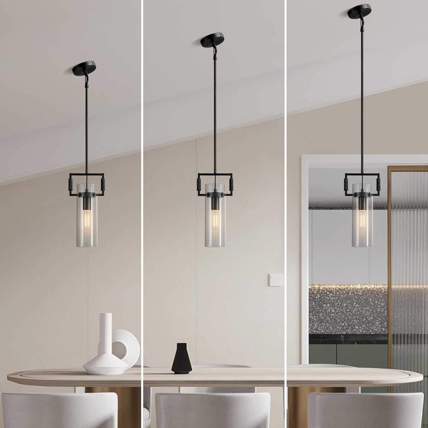 Modern Kitchen Island Pendant Lights 2 Pack,12 Inch Black Farmhouse Pendant with Copper Glass Shade | Hanging Lights for, Bathroom Vanity, Bedroom