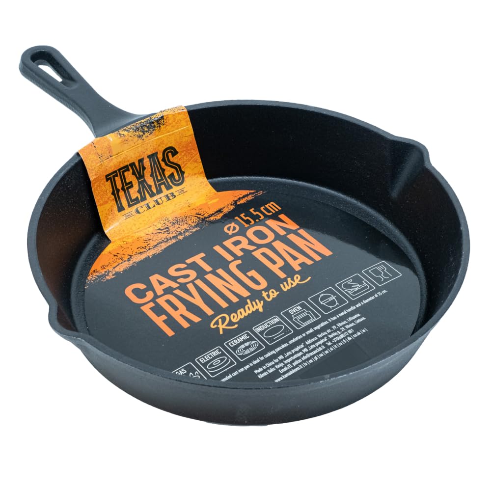 TEXAS CLUB Bratpfanne aus Gusseisen, 15,5 cm – Ideal zum Zubereiten von Pfannkuchen, Omeletts oder kleinem Gemüse auf dem GRILL und direktem Feuer