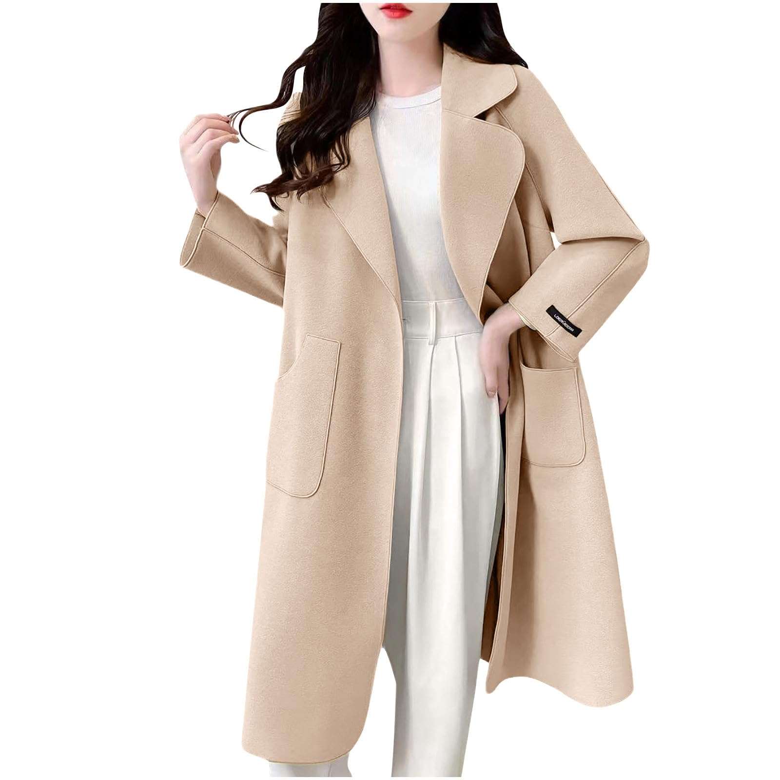 Long Trench Coat for Women Notch Lapel Pea Coat Plus Size Wool Blend Coats Open Front Cardigan Dressy