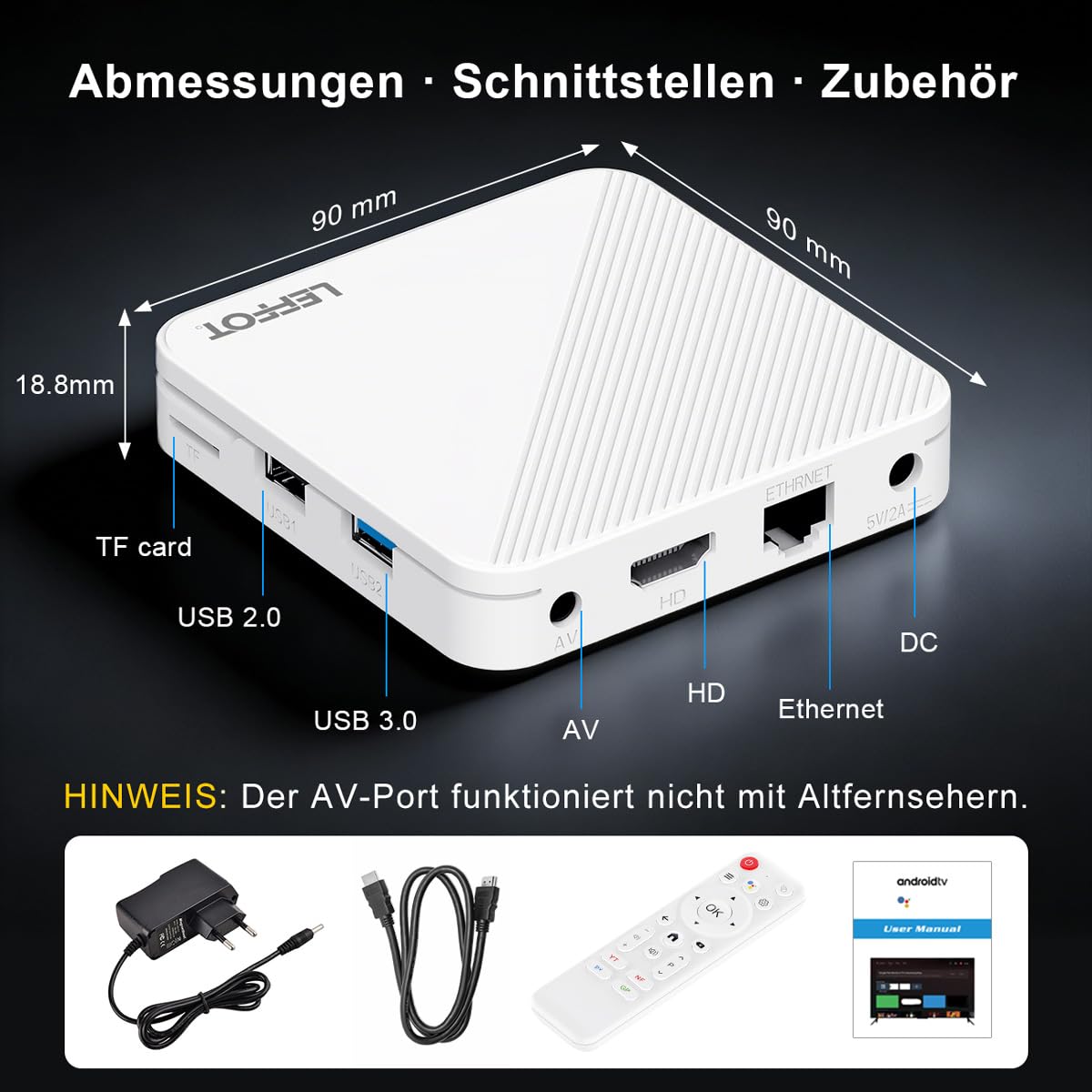 Android 14.0 TV Box 2026, LEFFOT 4K UHD TV Streaming Box, 2GB RAM 16GB ROM | IP-TV Box, Unterstützung Sprachsteuerung, 2.4G & 5G WiFi 6, BT 5.4, USB 3.0, 100M Ethernet, RK3518 Quad-Core A53