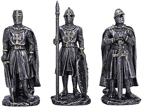 Nemesis Now Medieval Knights Templar Figurine Set of 3 with Silver Finish, Gold Crest Figurines, Hand Painted Resin Figures with Rock Base