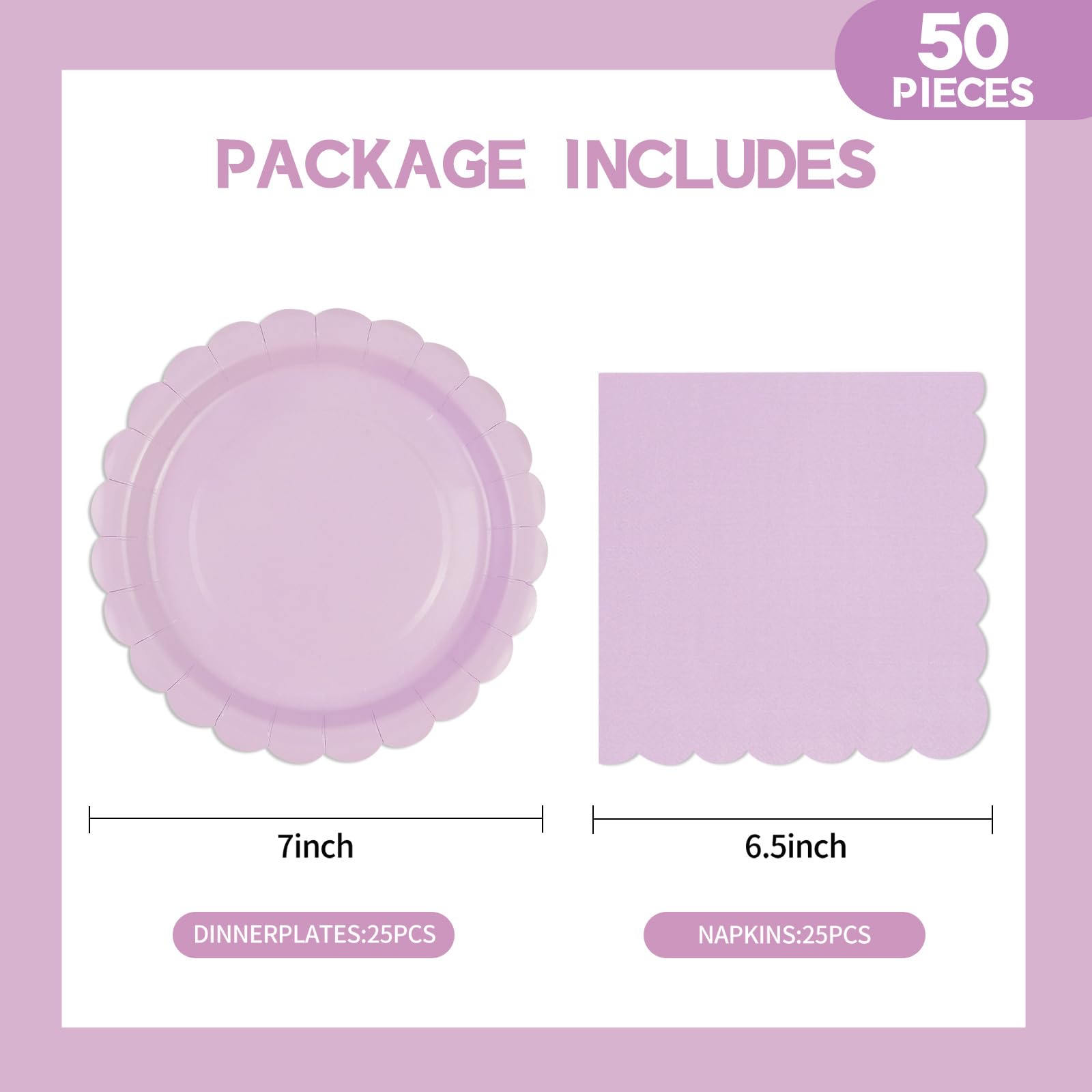 Lot De 50 Assiettes Et Serviettes En Papier Festonnées Violet - Jetables, Parfait Pour Fêtes Et événements !