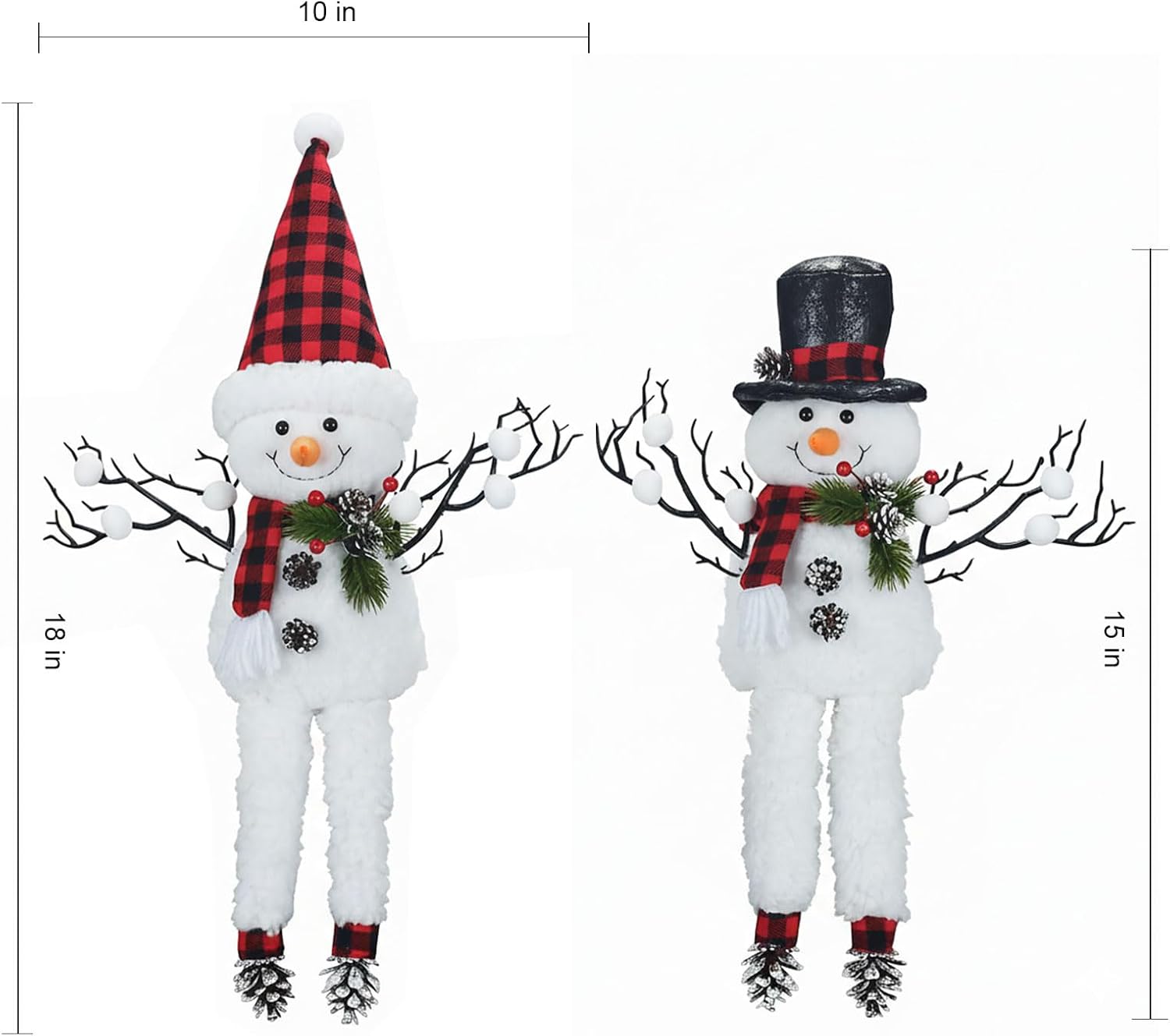 2 Pack Christmas Table Decorations, 18" Lighted Plush Snowmen Christmas Trees with Pine Cone Twigs, Light Up Snowman Holiday Present, Battery Operated Xmas Gifts Tabletop Ornaments (Black and Red)
