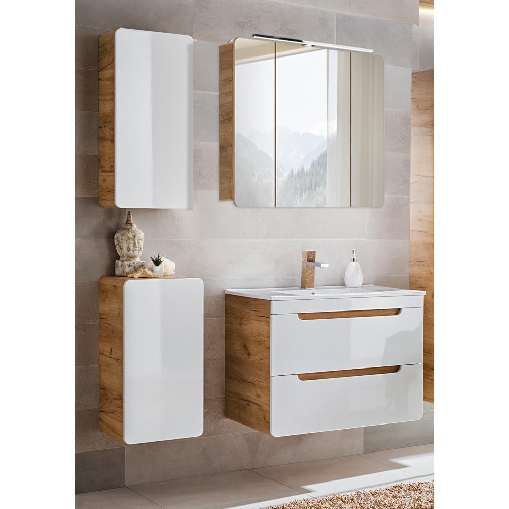 Lomadox Ensemble de meubles de salle de bain avec vasque et miroir LED de 81 cm - Blanc brillant avec chêne Wotan - Armoire suspendue, meuble bas