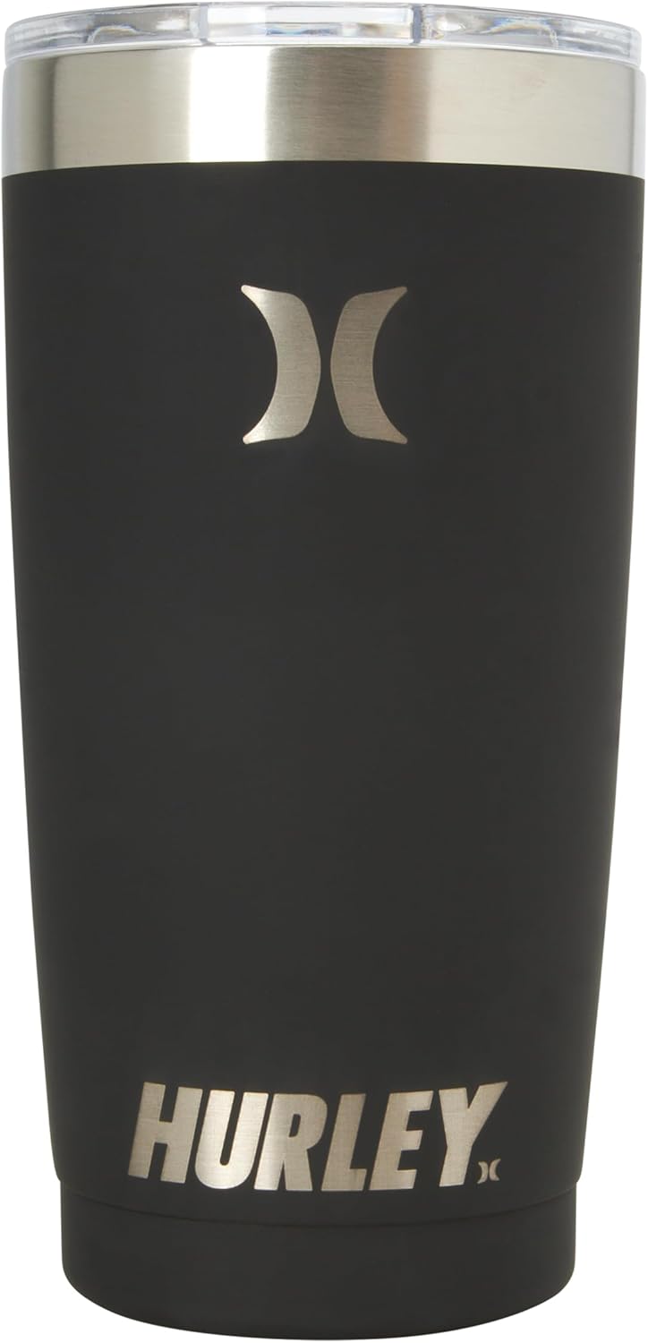 Hurley Tumbler Thermos – 20oz Double Wall Vacuum Insulated Travel Mug – BPA Free Stainless Steel Water Bottle – Leak Proof Hot and Cold Coffee Car Cup, Size 20 oz, Black