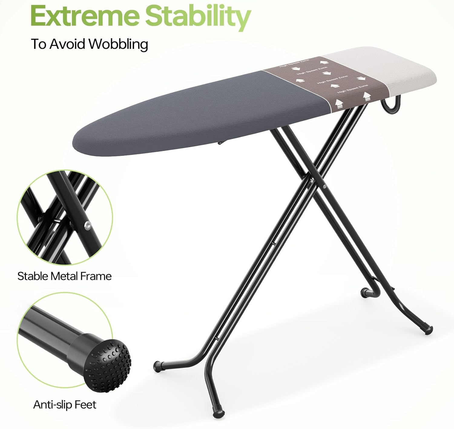 Foldable Ironing Board Standard Size, Iron Board Table Stand Foldable, Space-Saving Iron and Ironing Boards Set, Folding Ironing Boards Full Size with High Speed Zone and Hanging Hook 13”x43” Gray