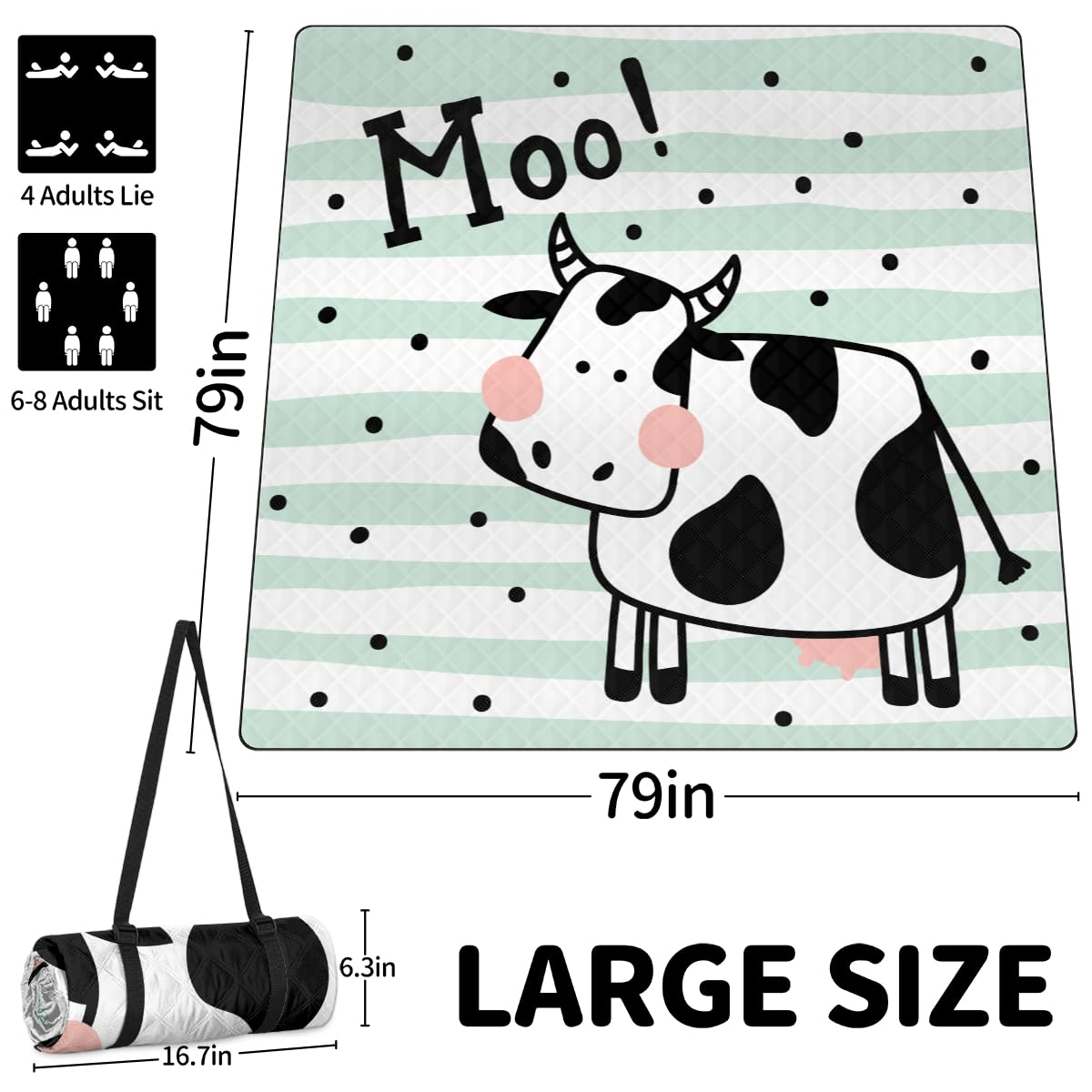 Shimoshe Extra Large Picnic Blankets 79”x 79”, Cartoon Cow Waterproof Foldable Picnic Mat with Straps Portable Beach Blanket for Camping Park Grass Beach Indoor