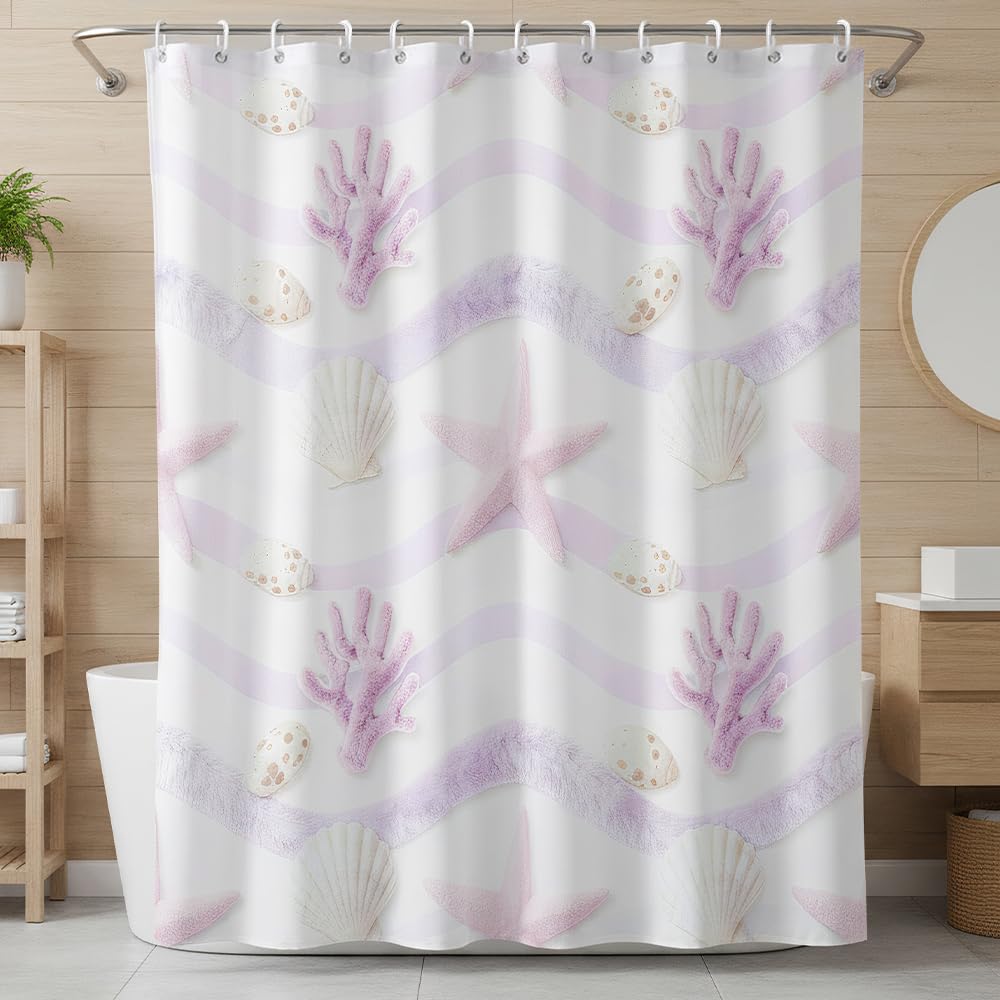 Zafyygh Colorful Sweet Pastel Coastal Shower Curtain, 72X72 Inch Pink Starfish Shell And Lavender Coral Fabric, Cute Beach Bathroom Decor
